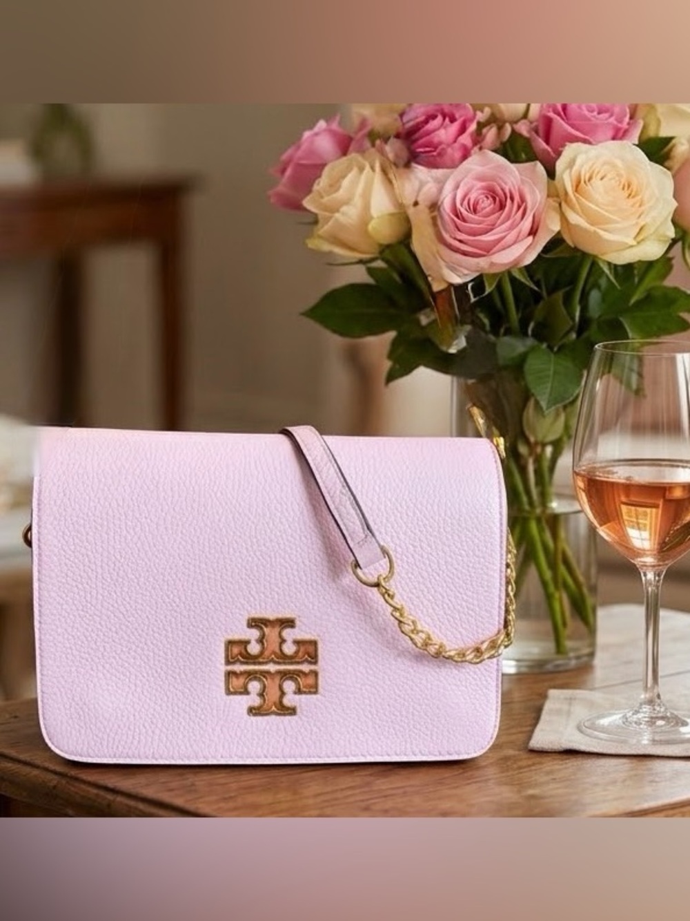 Tory Burch Britten Convertible Leather Shoulder Bag Crossbody Pink Big Gold Logo